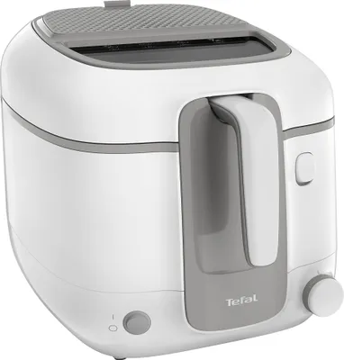 A white and gray Tefal deep fryer is shown from a front-side angle against a white background.