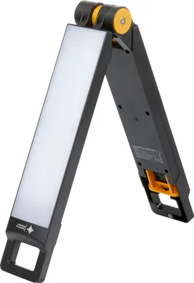 A foldable LED work light with a battery.