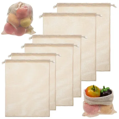 Produktbild von Netzbeutel Gemüsebeutel Obstbeutel - 6 Stück - Baumwolle - Beige - 20 x 25 cm, 25 x 30 cm, 28 x 35 cm