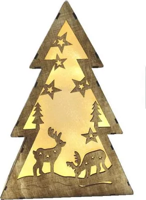 A wooden Christmas tree decoration with cut-out stars and deer, illuminated from behind.