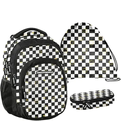 Produktbild von Schulrucksack BeUniq SMILEY GITTER - 3-Teiliges Set