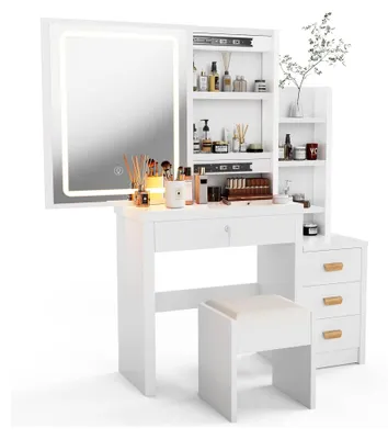 Produktbild von Großer Schminktisch mit Spiegel und Lichtern, Frisiertisch für Schlafzimmer, Frauen, Mädchen, Weiß