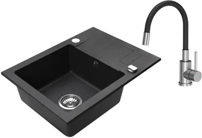 Produktbild von VBChome Granitspüle 59 x 44 cm Schwarz mit flexibler Armatur Einzelbecken Einbauspüle Reversibel Gesprenkelt Pflegeleichtes Spülbecken mit Siphon
