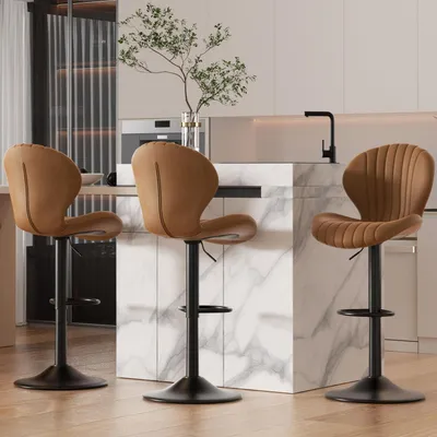 Immagine prodotto di Set di 3 sgabelli da bar, altezza regolabile, con schienale, rivestiti in tessuto marrone, girevoli a 360°
