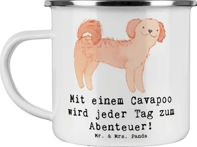 Produktbild von Mr. & Mrs. Panda Emaille Tasse Cavapoo Abenteuer - Weiß - Geschenk, Hunde, Becher, Teetasse, verspielte, Hunderassen Pflege, Kaffeepott, Hunderasse, hypoallergene Rasse