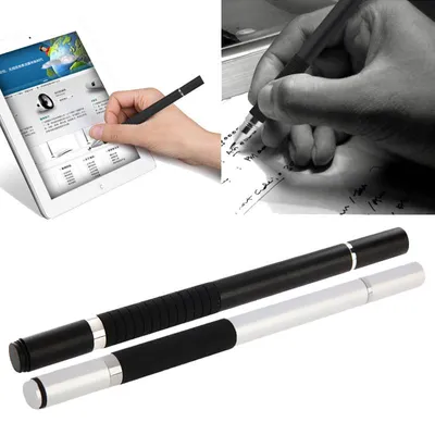 Image de 2x subtel stylo à bille et stylet couleur noir argent pour écran tactile 2 en 1 avec pointes à disque compatible avec iPad, iPhone, Samsung, Kindle Fire et autres appareils tactiles