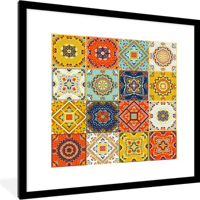 Produktbild von MuchoWow® Gerahmtes Poster Vintage - Blumen - Muster - Weiß - Orange 40x40 cm - Poster mit Schwarzem Bilderrahmen Wandposter Rahmen Foto Bilder - Poster - Plakat im Rahmen