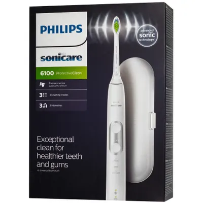Zdjęcie produktu dla Philips Sonicare ProtectiveClean 6100 HX6877/28 Soniczna szczoteczka do zębów, Dorosły, Soniczna szczoteczka do zębów, Codzienna pielęgnacja, Pielęgnacja dziąseł, Wybielający, 62000 ruchów na minutę, Srebrny, Biały, 2 min