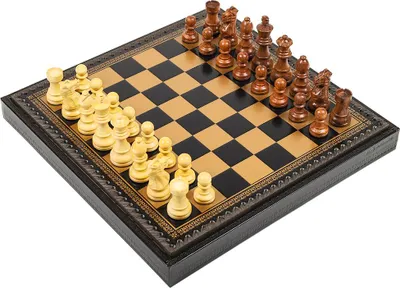 Produktbild von Italfama Schachset aus Akazienholz mit Lederette-Spielbrett in Gold/Schwarz – Premium Classic 7,6 cm