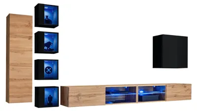 Produktbild von Komplett Designer Modern Wohnwand Wand Regale TV-Ständer Holzmöbel Wandschrank