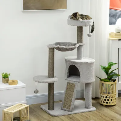 Image de Arbre à chat avec niche, hamac, panier, poteaux en sisal, planche à griffer, peluche, gris clair | 60 x 40 x 113 cm | 8,72 kg | 3 couchages