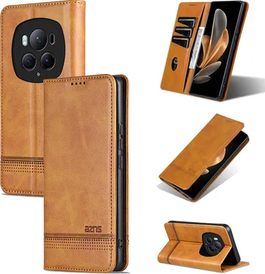 Produktbild von Leder Hülle für Honor Magic6 Pro, Klapphüllen Brieftasche Magnetverschluss Ständer Schutzhülle Gelb