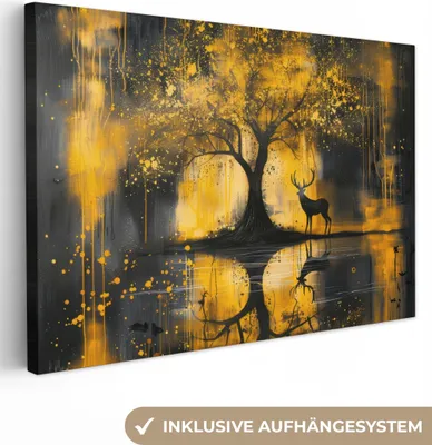 Produktbild von MuchoWow® - Leinwandbilder - Baum - Lackierung - Hirsch - Natur - Gold, Wandbild, Wanddeko Bilder Wohnzimmer, 90x60 cm