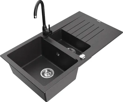 Produktbild von Mexen Matias 1,5-Becken-Granitspüle mit Abtropffläche und Mischbatterie Telma, Schwarz gesprenkelt - 6502-76-670200-70