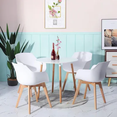 Productafbeelding van Eettafel met 4 stoelen, rond, retrostijl, wit