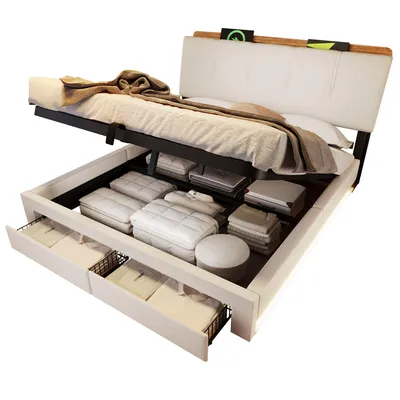 Produktbild von Polsterbett mit LED-Streifen, Schubladen, Lattenrost, Aufbewahrung, USB, Type-C, Regal, 140x200 cm, gepolsterter Kopfteil, Stauraumbett, Leinen