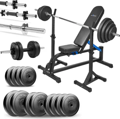 Zdjęcie produktu dla Zestaw do ćwiczeń 90 kg z ławką regulowaną, stojakami, gryf prosty 180 cm, obciążenia 45 kg do ćwiczeń domowych