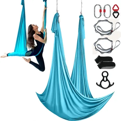 Immagine prodotto di Set di amache per yoga aereo 10 x 2,8 m, Altalena per yoga aereo blu, Altalena per yoga aereo per interni 1000 kg di portata massima. Capacità di carico, inclusi calzini da yoga, moschettone in acciaio e snodo in alluminio