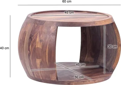 A wooden coffee table with dimensions indicated.