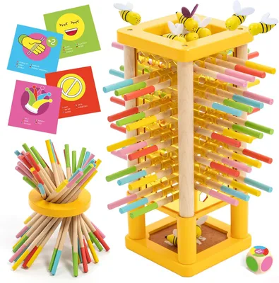 Produktbild von Spielzeug BEEFALL: Geschicklichkeitsspiel für Kinder von 3 bis 6 Jahren – Holzturmspiel mit Würfel und Aktionskarten (3 Spielvarianten + Regenbogenstäbe)