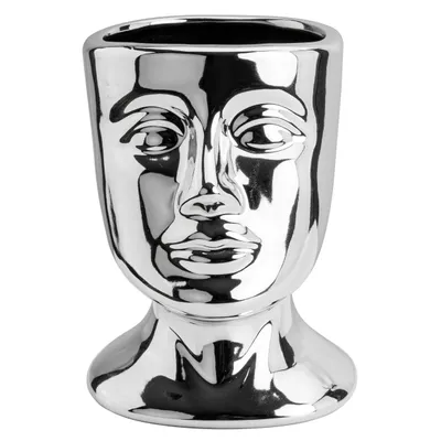 Produktbild von Keramik Blumentopf Gesicht Kopf Kakteen für Sukkulenten Kräuter Silber Blumenkübel H 17cm D 9 x 9,5cm Modern Vase Glasiert