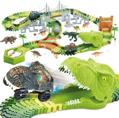 Zdjęcie produktu dla Zestaw wyścigowy z dinozaurami - Elastyczne tory - 174 elementy - Z oświetlonymi wagonikami LED