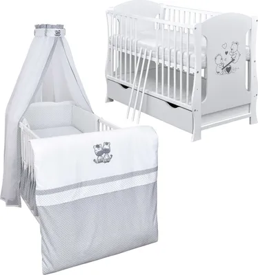 Produktbild von Baby-Delux Babybett Kinderbett Lia 120x60 Teddy Wippe Weiß inkl. Schublade Bettset Komplett Zebra Schaumstoffmatratze