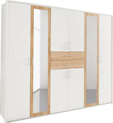 A white wardrobe with wood-effect accents and mirrored doors.