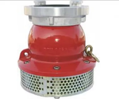 A close-up studio shot of a red and silver fire hose coupling with a perforated metal base.