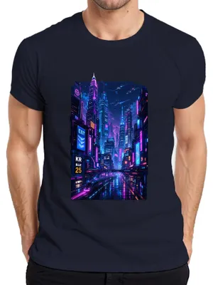 Immagine prodotto di T-shirt da uomo, stile cyberpunk, con grafica a tema "città futuristica, luci al neon, fantascienza, notte a Tokyo, Giappone, anni 2000, vaporwave", colore blu navy, taglia S