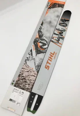 A STIHL chainsaw guide bar and its packaging are displayed on a white background.