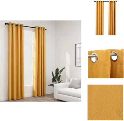 A collage of images showing yellow eyelet curtains, including a full room view, a close-up of the eyelets, and a texture detail.
