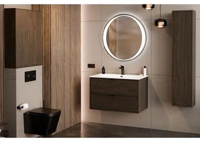 Image de Ensemble Complet Meuble Vasque 80 cm + Vasque + Miroir LED + Colonne + 2 meubles hauts - Caldera Foncé