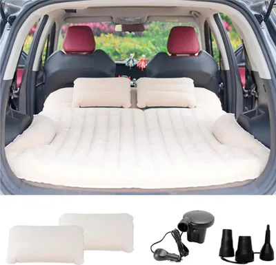 Image de KMZ Matelas pour voiture, Matelas gonflable double face, 2 coussins, Flocage épais, Beige/Café, idéal pour le coffre et la banquette arrière.