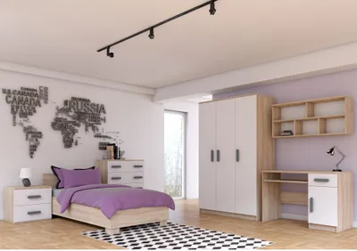 Produktbild von Kinderzimmer-Set Bett Schrank Wandregal Kommode Schreibtisch Nachttisch Sonoma/Weiß mit grauen Griffen und Matratze JONAS IV 03 M