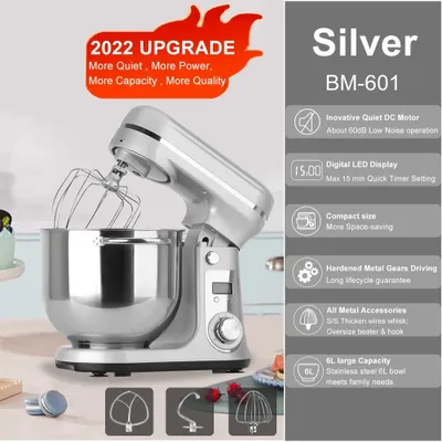 Produktbild von Küchenmaschine Standmixer BM-601 - 6 L Edelstahlschüssel - 1200 W - 6 Geschwindigkeiten - Kippkopf - 220 V EU-Stecker - Silber