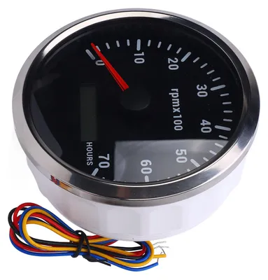 Zdjęcie produktu dla Obrotomierz 110 mm (4-3/8 cala) z 7-kolorowym podświetleniem, zasilanie DC 9–32 V, zakres pomiarowy do 7000 obr./min, z licznikiem godzin pracy, do samochodów, jachtów, kamperów i łodzi, czarna tarcza, srebrna ramka, model CXA009