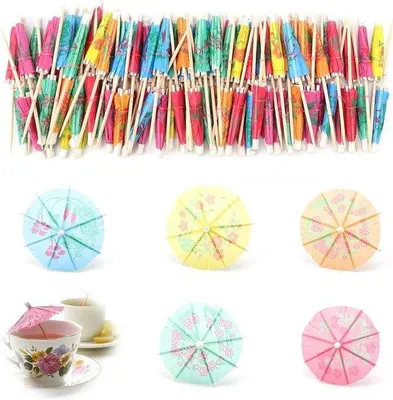 Produktbild von 100 Stangen Papierparaplu Cocktailstangen 10 cm farbenfroh mit schönen Mustern - Cocktailzubehör - Getränkedekoration