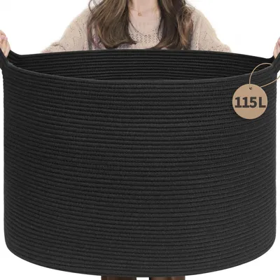 Image de Grand panier de rangement, 115 litres, corde en coton, noir, 60 x 40 cm