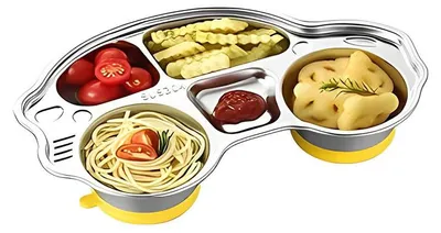 Produktbild von Unterteilter Teller aus Edelstahl 304, magnetischer Kinderteller, mit Cartoon-Auto-Motiv, Babyteller und Geschirr