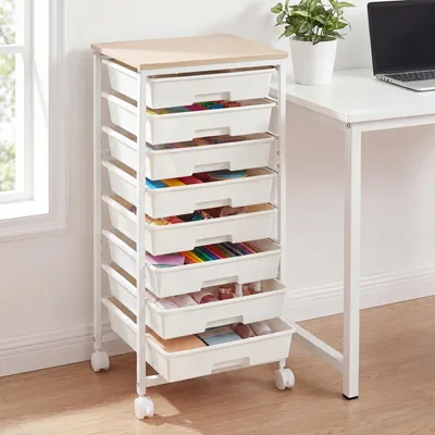 Produktbild von VASAGLE Rollwagen mit 8 Schubladen, Nischenwagen mit Holzplatte, Organizer für Büro und Bad, 39,5 x 28,5 x 76,5 cm, Weiß
