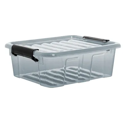 A clear, studio shot of a gray plastic storage box with black latches, presented on a white background.