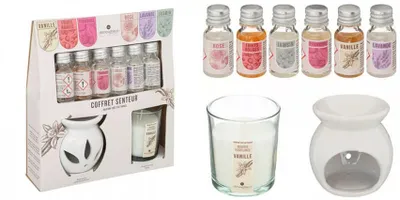 Produktbild von GKA Aroma Diffusor Set mit Duftöl Duftlampe Duftkerze Aromatherapie Ätherisches Öl aus Frankreich Jasmin Lavendel Rose rote Früchte Himbeere Vanille