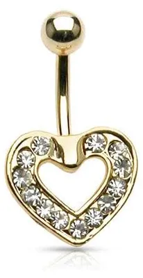 Productafbeelding van Pain-is-Art buikpiercing, model "PAVE HEART", gemaakt van 14K verguld 316L chirurgisch staal