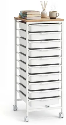 Obrázek produktu pro COSTWAY, mobilní vozík s 10 zásuvkami, které lze stohovat, a s kolečky s brzdou, vhodný jako vozík na nádobí, vozík pro úklid nebo úložný vozík, rozměry 37x32,5x85 cm, bílá barva