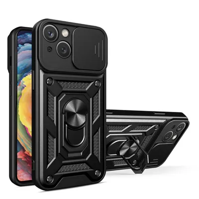 Produktbild von Panzer Hülle iPhone 15 /Pro /Pro Max/Plus Handyhülle mit Kameraschutz Ringhalter Schwarz iPhone 15 Pro