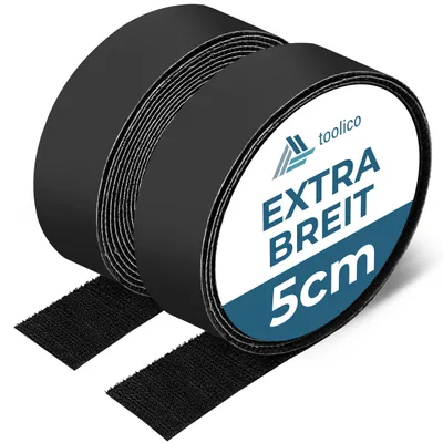 Produktbild von Toolico Klettband selbstklebend extra stark, 5M x 5CM (50mm), wetterbeständig, doppelseitig, schwarz, Haken- & Flauschband, Teppichbefestigung