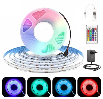 Zdjęcie produktu dla Listwa LED RGB COB, 5 metrów, z możliwością regulacji jasności, sterowana pilotem i zasilaczem