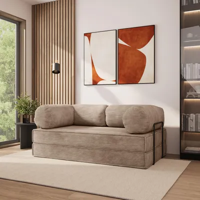 Produktbild von Masseno Schaumstoffsofa ALVIO mit Schlaffunktion, Schlafsofa, Wohnzimmersofa, Couch, Sofa, Bettsofa, Kordstoff – Beige POSO 02