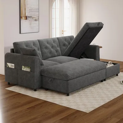 Immagine prodotto di Divano angolare MODFU con poggiapiedi, divano modulare con chaise longue (destra e sinistra), divano letto con vano portaoggetti nascosto, velluto, grigio